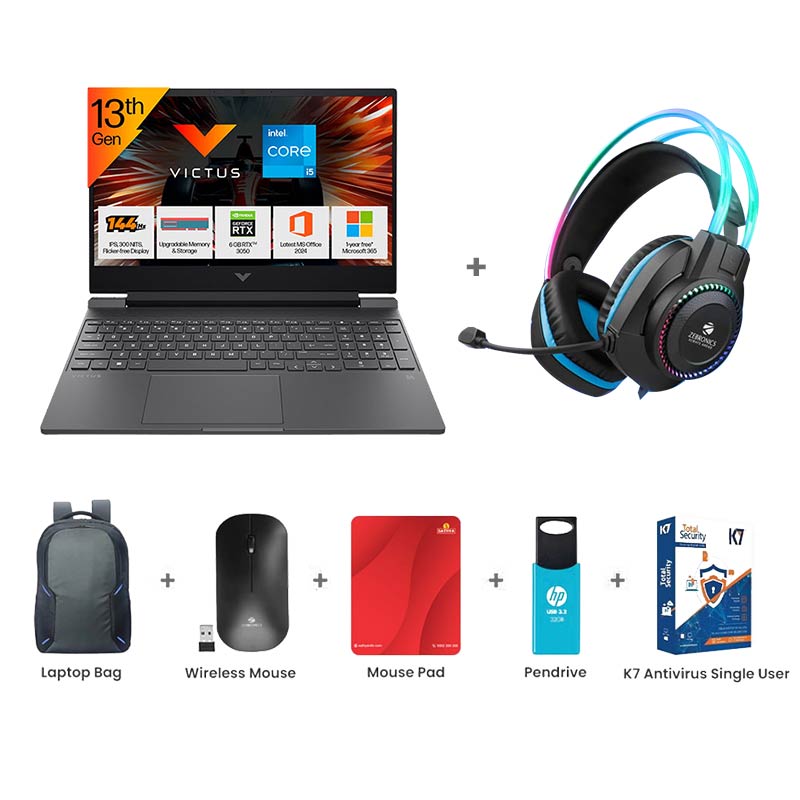 Picture of HP Victus - 13th Gen Core i5-13420H 15.6" (39.6 cm) 15-fa2700TX Gaming Laptop (16GB/ 512GB SSD/ Full HD Display/ NVIDIA GeForce RTX 3050 6GB/ Backlit Keyboard/ Anti-Glare/ Windows 11 Home/ 1 Year Warranty/ Mica Silver/ 2.29 kg) Zebronics Zeb-Jet Premium Gaming Headphone + Laptop Bag + Wireless Mouse + Mouse Pad + Pendrive + K7 Antivirus Single User